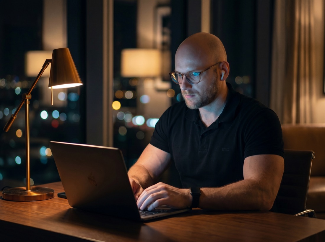 Niklas Volland arbeitet abends am Laptop